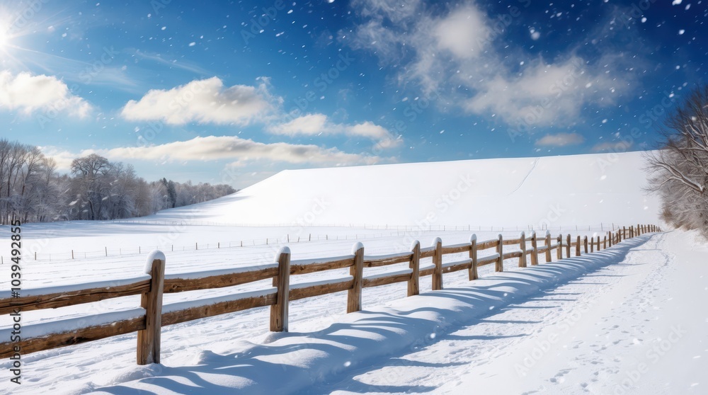 Fototapeta premium snowy season winter wooden fence side walk