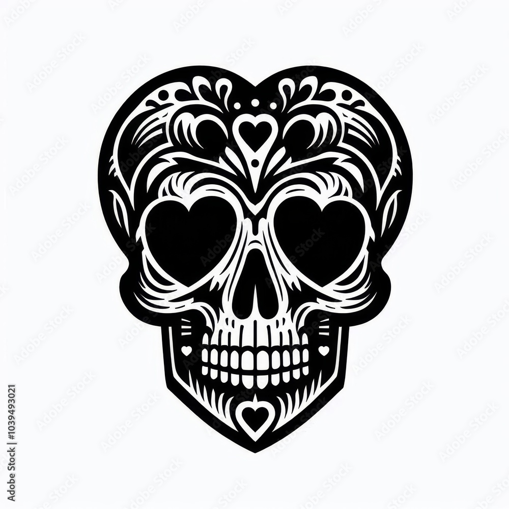 Ornate Skull with Heart-Shaped Eyes and Decorative Patterns in Black and White Ornate Skull with Heart-Shaped Eyes and Decorative Patterns in Black and White