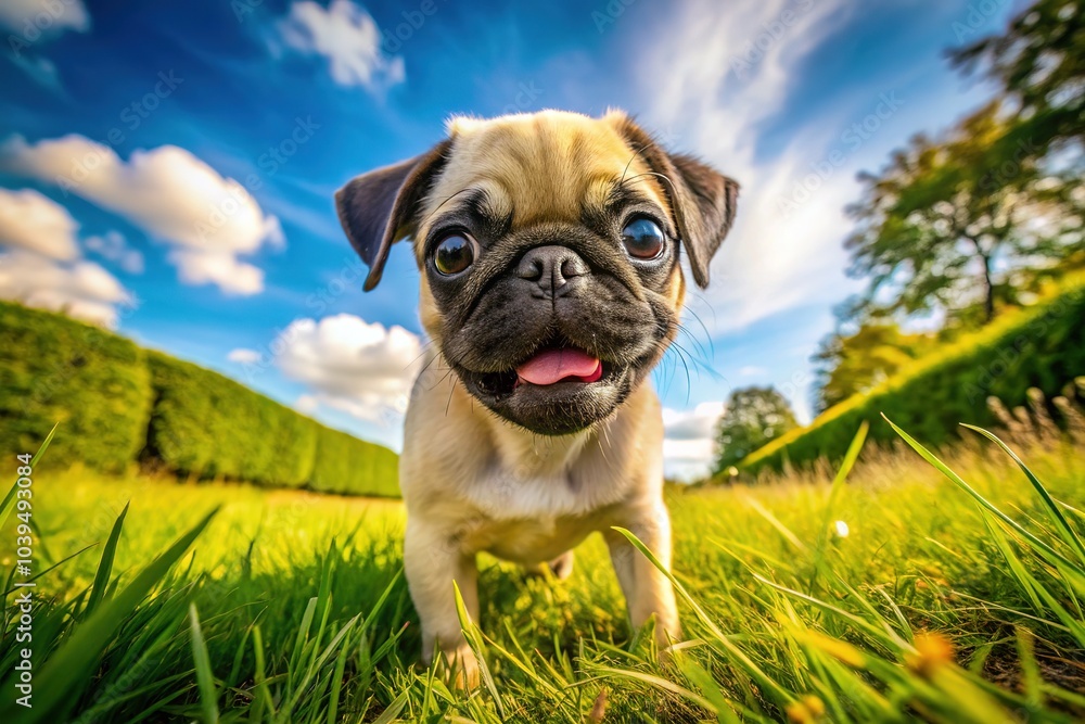 A panoramic capture of an irresistible baby pug, its tiny wrinkles and floppy ears etching a picture of utter cuteness. A panoramic capture of an irresistible baby pug, its tiny wrinkles and floppy ears etching a picture of utter cuteness.
