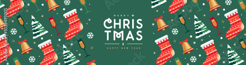 Merry Christmas and Happy New Year greeting banner with holiday attributes. Christmas background. Flat design. Vector illustration photo