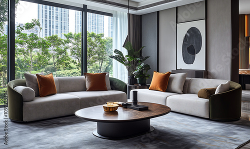 modern living room with a light gray fabric three-seater sofa