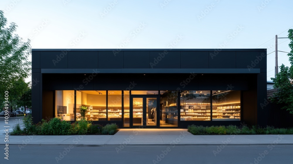 Fototapeta premium Modern retail store exterior with illuminated interior