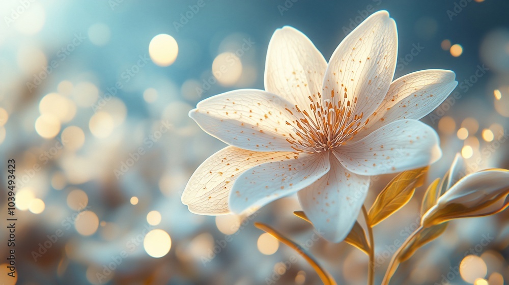 A single white flower with a bokeh background, illuminated by a warm light. A single white flower with a bokeh background, illuminated by a warm light.