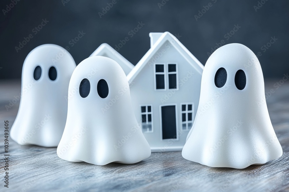 Three white cartoon ghosts standing in front of a white house in a foggy desaturated setting evoking a fun yet spooky Halloween atmosphere with minimalist details and soft lighting Three white cartoon ghosts standing in front of a white house in a foggy desaturated setting evoking a fun yet spooky Halloween atmosphere with minimalist details and soft lighting