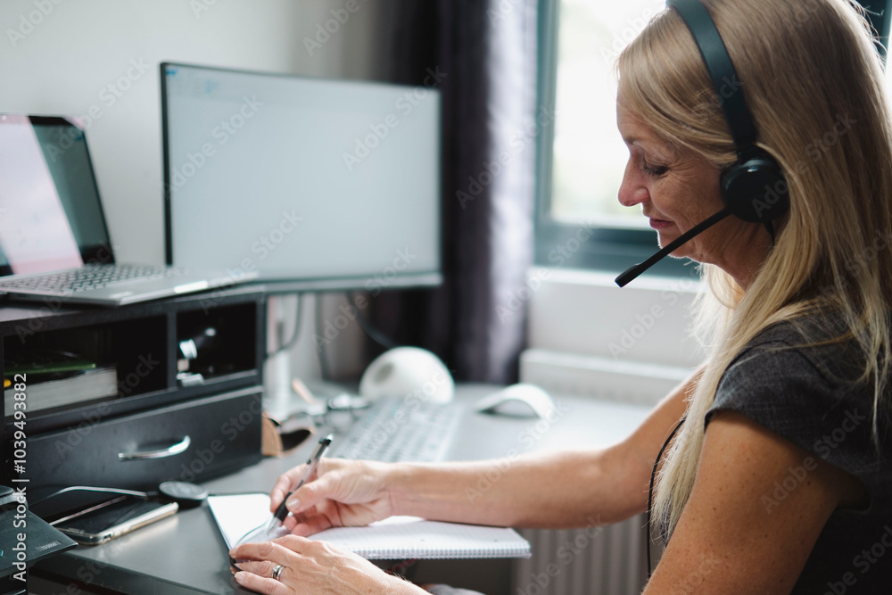 Smiling businesswoman writing and working at home office Smiling businesswoman writing and working at home office
