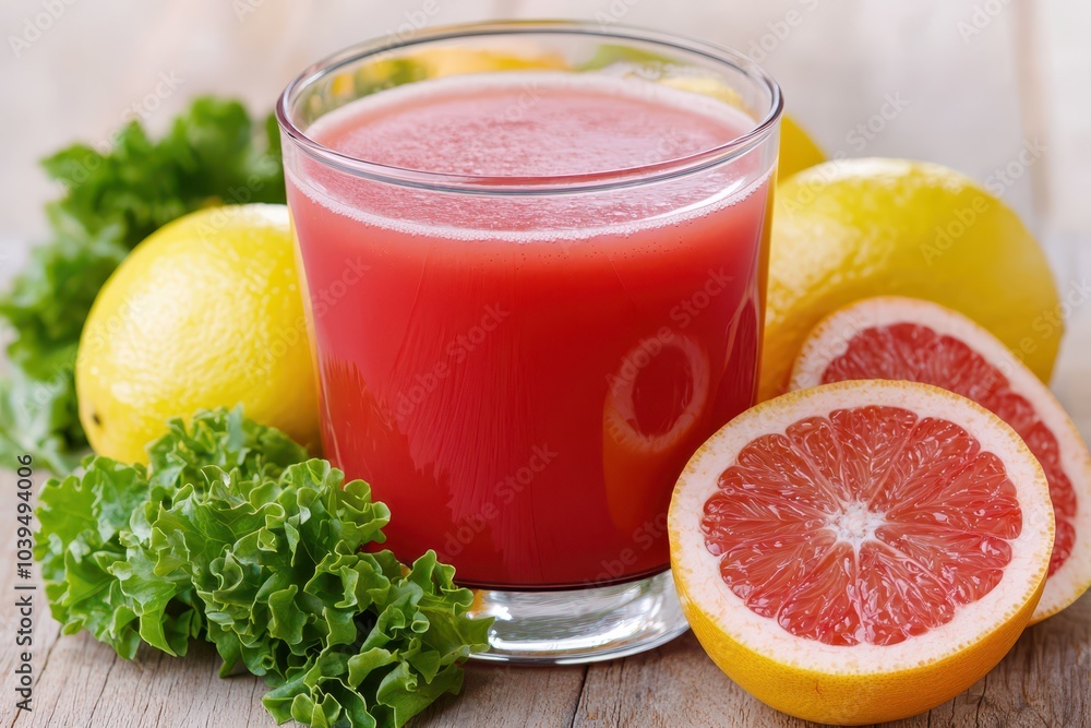 Refreshing detox juice with vibrant citrus fruits and leafy greens on a rustic wooden table. Refreshing detox juice with vibrant citrus fruits and leafy greens on a rustic wooden table.