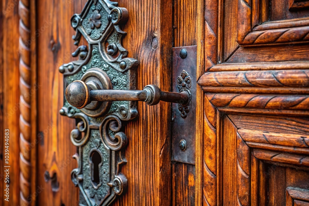 A patinaed wooden door whispers of forgotten stories through its antique locks and modern handle. A patinaed wooden door whispers of forgotten stories through its antique locks and modern handle.