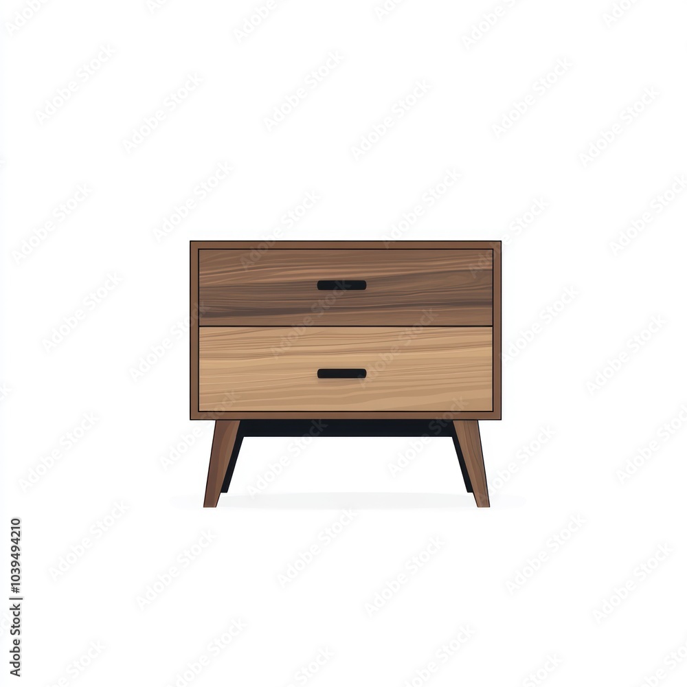 A modern wooden nightstand with two drawers and sleek handles. A modern wooden nightstand with two drawers and sleek handles.