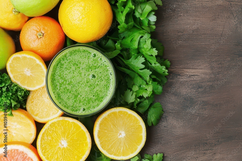 Refreshing detox juice with vibrant citrus fruits and leafy greens on a rustic wooden table. Refreshing detox juice with vibrant citrus fruits and leafy greens on a rustic wooden table.