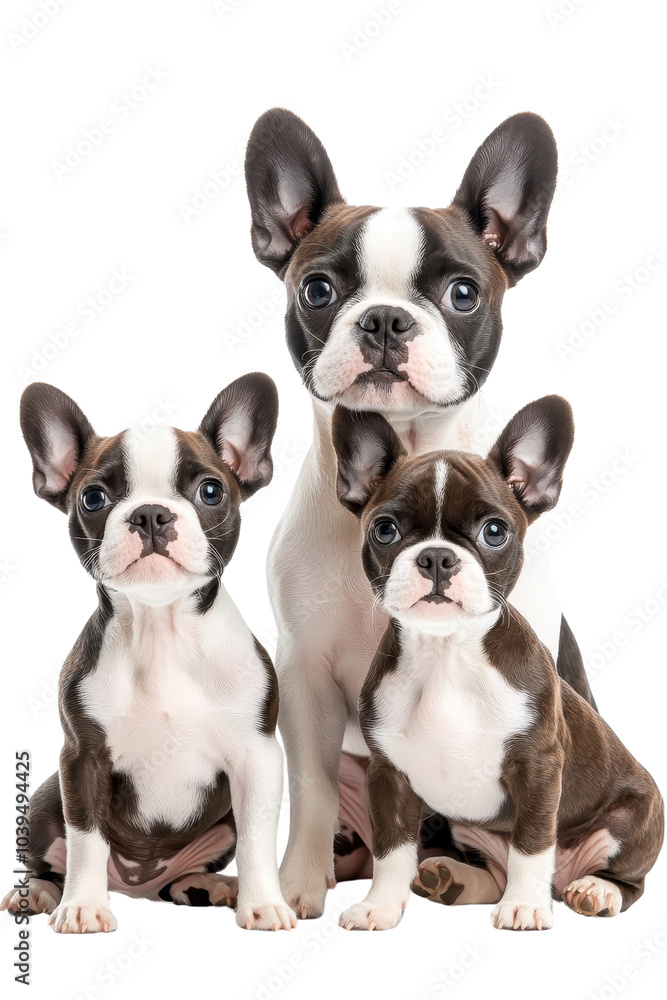 A family of Boston Terriers, isolate on white background, showcasing their interactions and fluffy appearances. cutout png A family of Boston Terriers, isolate on white background, showcasing their interactions and fluffy appearances. cutout png