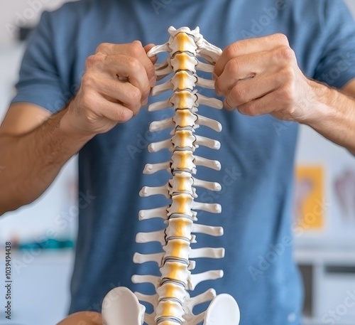 A person examines a model of the human spine, illustrating the vertebrae structure and demonstrating anatomy for educational purposes.