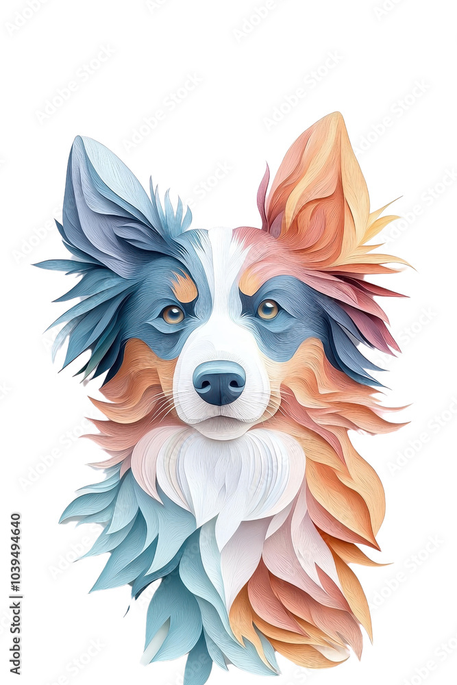 Fototapeta premium A multicolored paper art Border Collie, isolate on white background, capturing its lively spirit and agility. cutout png
