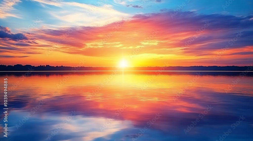 Fototapeta premium A vibrant sunset over a calm lake with a beautiful reflection.