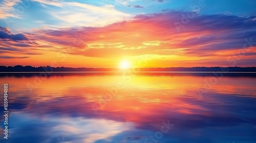 A vibrant sunset over a calm lake with a beautiful reflection.