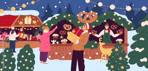 People choose Christmas gifts at fair. Visitors buy sweets, decorations and souvenirs in wooden New Year kiosks. Xmas marketplace. Holiday presents and pastry selling. Garish vector concept