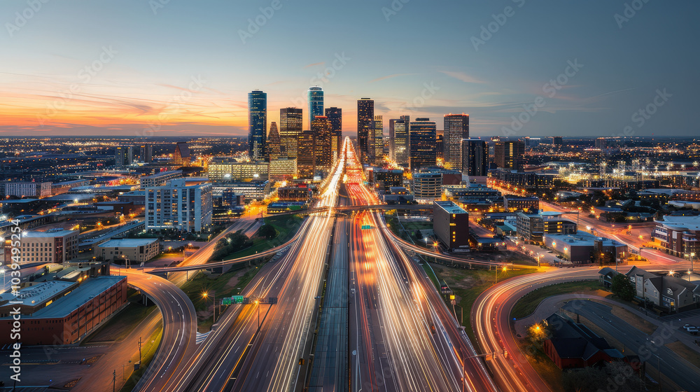 Fototapeta premium vibrant metropolis at dusk, showcasing sleek skyscrapers and bustling highways illuminated by streaks of light. cityscape reflects dynamic urban lifestyle