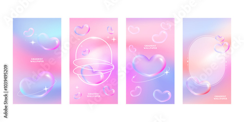 Happy Valentine's Day. Decoration with trendy gradient heart vibrant y2k colorful background. 