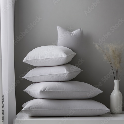 A stack of white pillows with a decorative vase and plant against a gray backdrop.