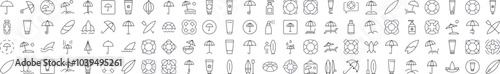 Collection of Icons of Umbrella, Sunscreen, Surfboard, Lifeline Drawn with Thin Line for apps, web sites, banners, infographics and other types of design