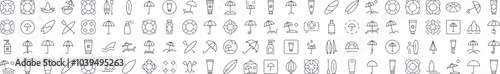 Collection of Signs of Umbrella, Sunscreen, Surfboard, Lifeline Drawn with Thin Line for apps, web sites, banners, infographics and other types of design