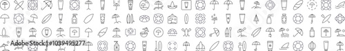 Collection of Icons of Umbrella, Sunscreen, Surfboard, Lifeline Drawn with Thin Line for apps, web sites, banners, infographics and other types of design