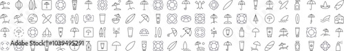 Collection of Images of Umbrella, Sunscreen, Surfboard, Lifeline Drawn with Thin Line for apps, web sites, banners, infographics and other types of design