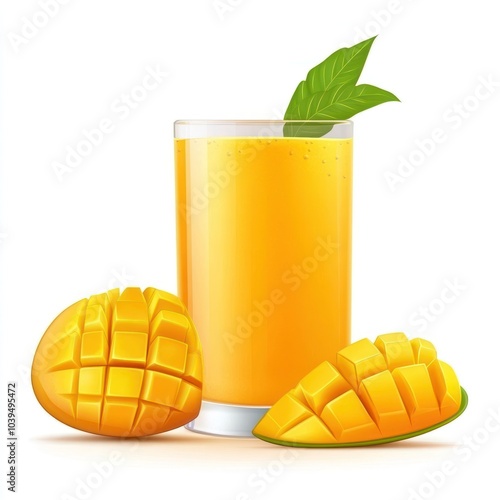 A glass of mango juice with fresh mango slices beside it.