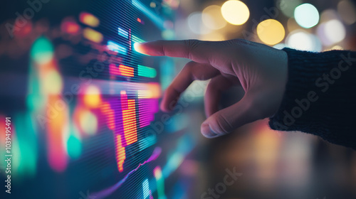 A man's hand points to a colorful, glowing chart on a blurry office background.  This represents the world of trading, finance, and statistics. photo