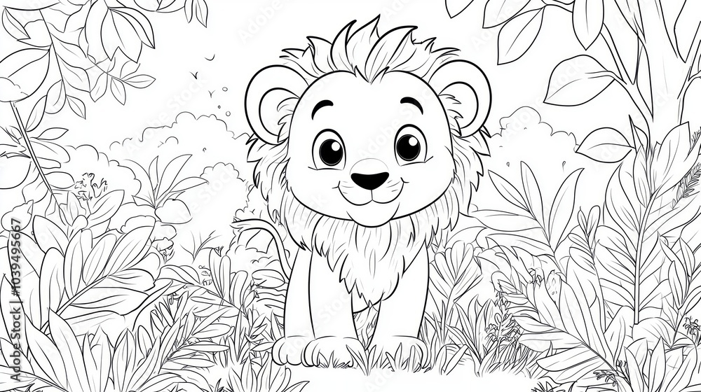 Coloring page of cute Baby Lion in Jungle Setting Coloring page of cute Baby Lion in Jungle Setting