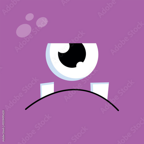 Cute cartoon one eyed monster face background. Funny sad monster face in childish style on purple background. Vector illustration