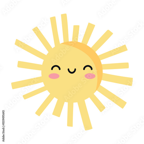 Cute smiling cartoon sun. Sun in childish style isolated on white background. Vector illustration