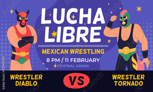 Mexican fighting show poster. Fight invitation. Professional wrestlers in traditional costumes and masks. Lucha Libre competition. Wrestling championship. Garish vector flyer design