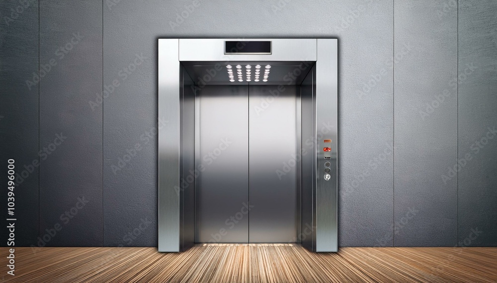 Front view on elevator with metal doors, grey blank wall and wooden floor. 3D rendering, mockup Front view on elevator with metal doors, grey blank wall and wooden floor. 3D rendering, mockup