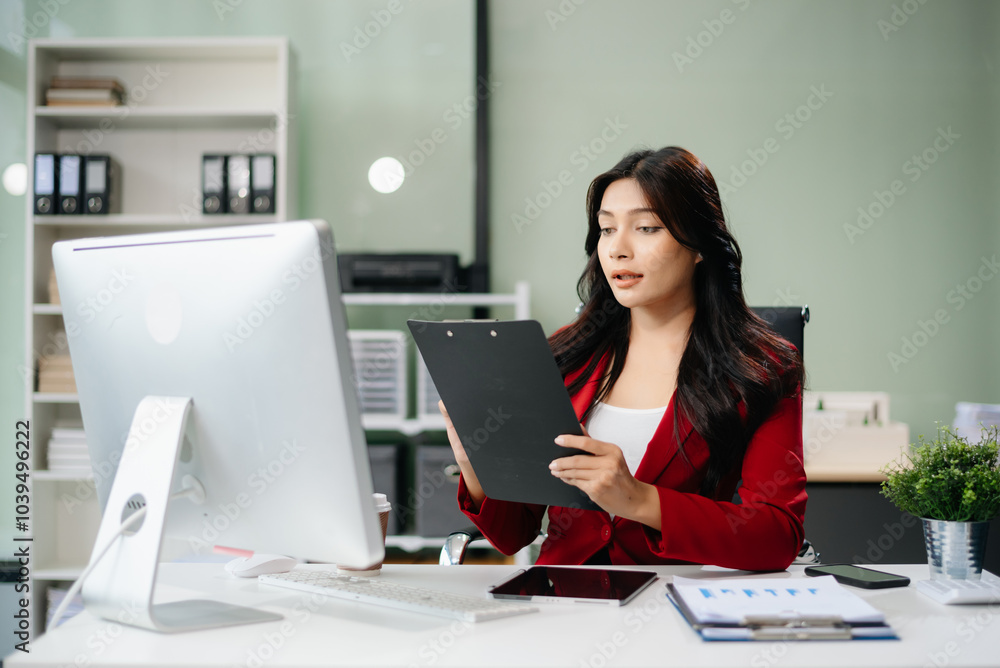 Young Asian businesswoman working with working notepad, tablet and laptop documents talking on the smartphone, tablet Young Asian businesswoman working with working notepad, tablet and laptop documents talking on the smartphone, tablet