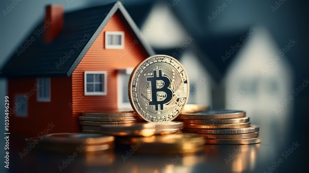 Bitcoin cryptocurrency with miniature houses on coins, symbolizing real estate investment. Bitcoin cryptocurrency with miniature houses on coins, symbolizing real estate investment.