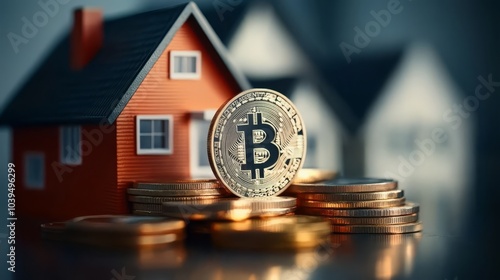 Bitcoin cryptocurrency with miniature houses on coins, symbolizing real estate investment. photo