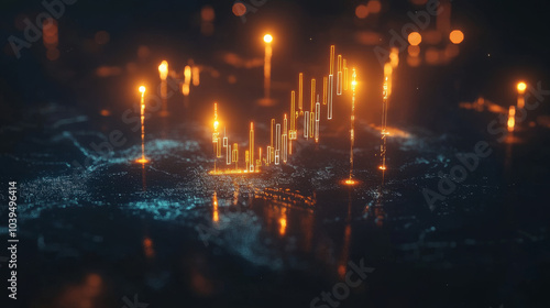 A glowing candlestick chart and a map hologram float in the dark. This image represents stock trading, investing, and the global market.