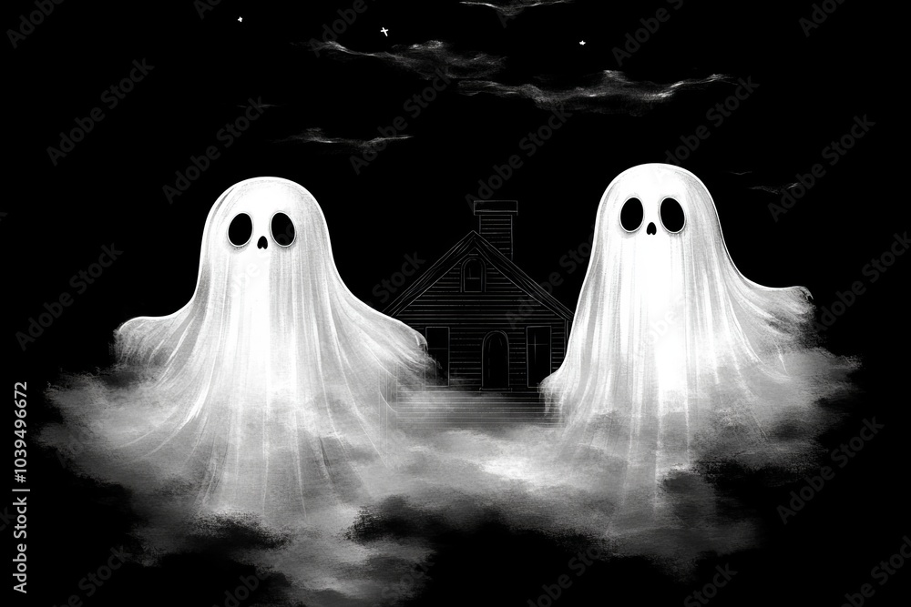 Two cartoon ghosts floating above a spooky black house set against a dark foggy background creating a haunting fun Halloween atmosphere with vibrant white figures and soft shadows Two cartoon ghosts floating above a spooky black house set against a dark foggy background creating a haunting fun Halloween atmosphere with vibrant white figures and soft shadows