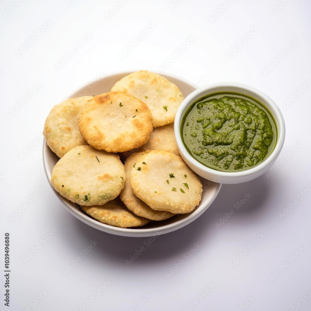 A bowl of crispy snacks served with green chutney. A bowl of crispy snacks served with green chutney.