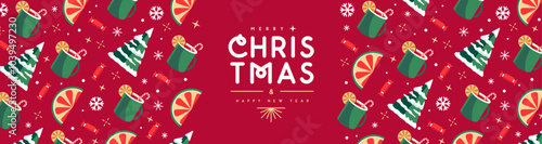 Merry Christmas and Happy New Year greeting banner with holiday attributes. Christmas background. Flat design. Vector illustration