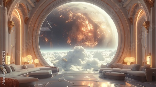 Fototapeta Naklejka Na Ścianę i Meble -  Inside a luxury lounge in outer space, there is a planet in a large window with space clouds all around.