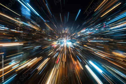 Abstract light trails with streaks of blue and white shooting outwards resembling a cityscape in motion 