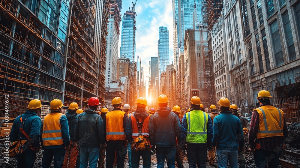 Obraz premium Construction workers observing sunset at building site, cityscape backdrop.