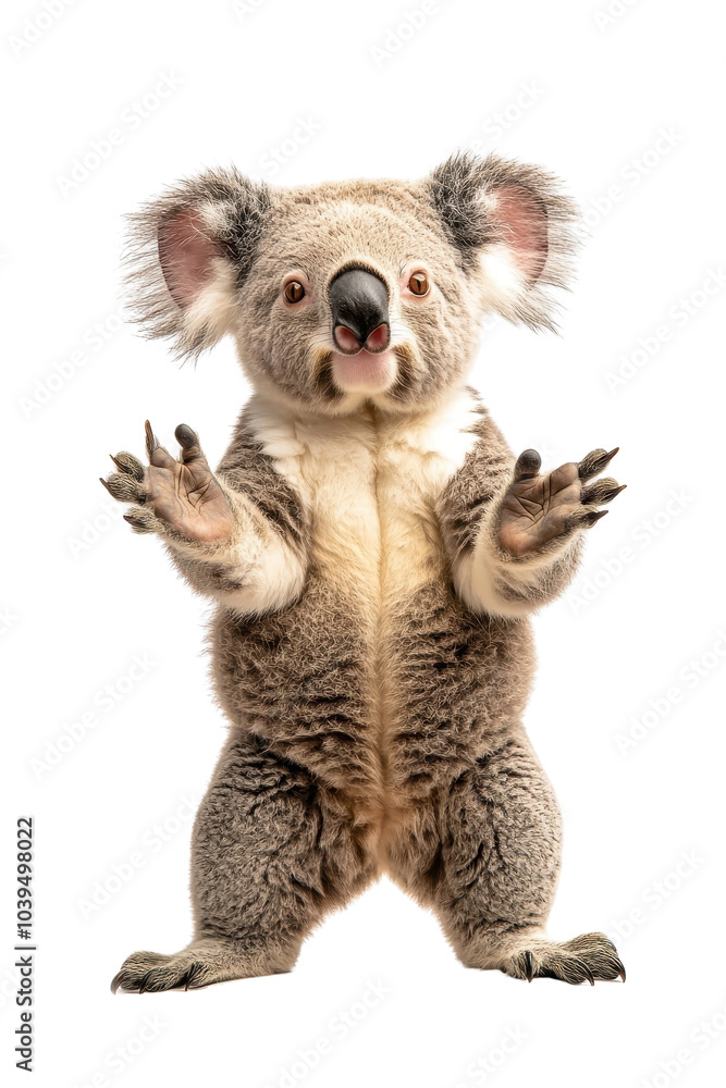 A koala bear standing, isolate on white background, highlighting its adorable features and fluffy ears. cutout png A koala bear standing, isolate on white background, highlighting its adorable features and fluffy ears. cutout png