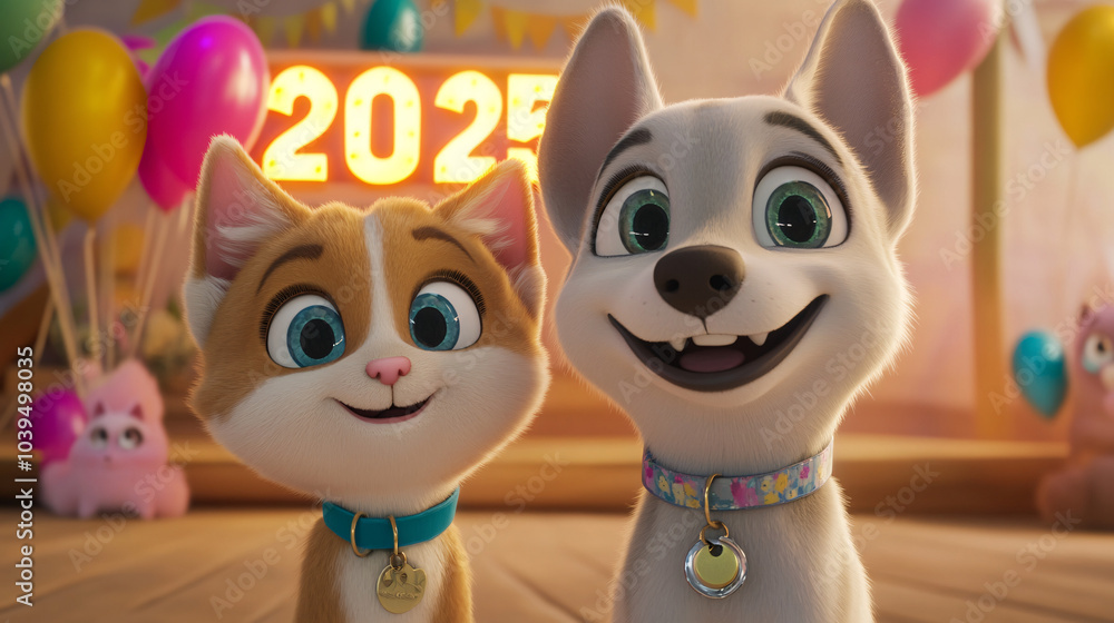 Fototapeta premium a cute dog and cat look forward to celebrating New Year