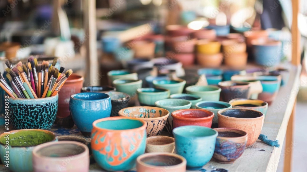 Fototapeta premium A serene ceramics painting workshop with ceramic paints and pottery, Painting tools organized on a worktable, Artistic workshop style