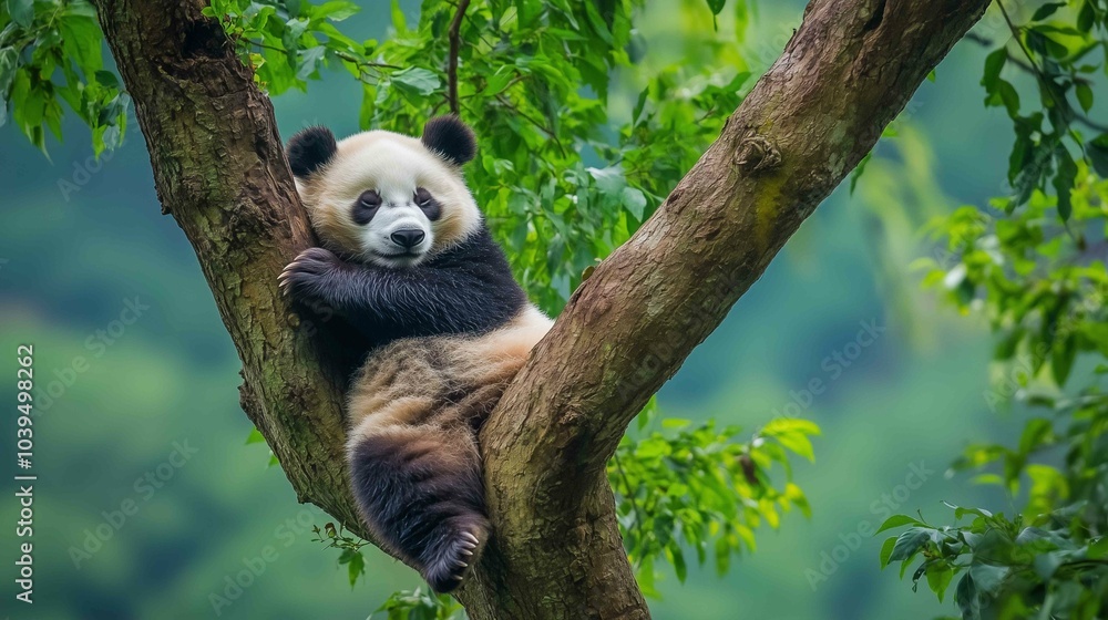 Obraz premium Lazy Panda Bear Sleeping on a Tree Branch 
