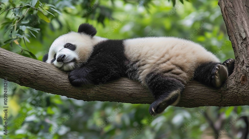 Obraz premium Lazy Panda Bear Sleeping on a Tree Branch 