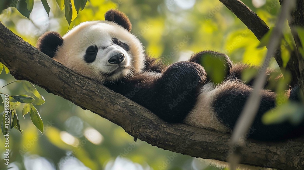 Obraz premium Lazy Panda Bear Sleeping on a Tree Branch 