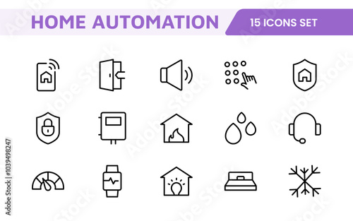 Home Automation Icon Set. Smart and intuitive icons for controlling lights, security, and devices, perfect for smart home apps, IoT interfaces, and tech-savvy branding.